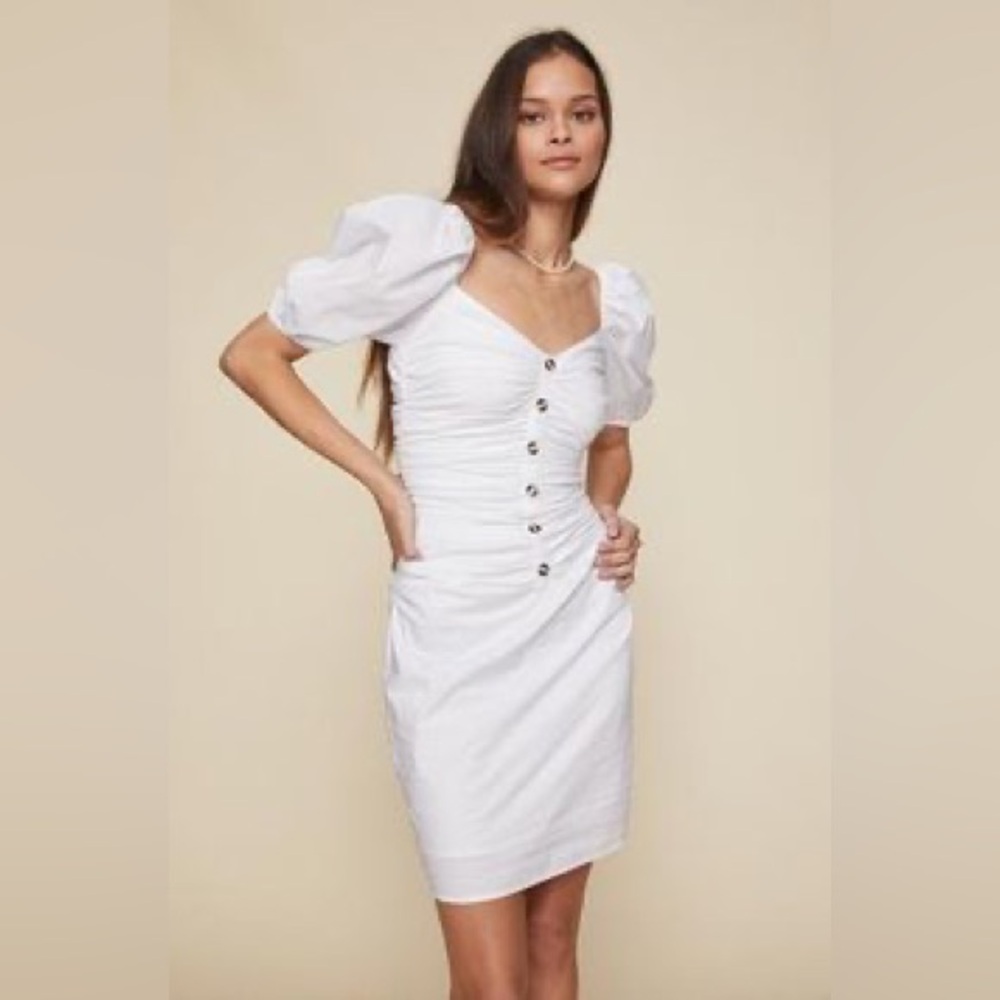 LPA Shirred Button Up Mini Dress‎ With Puff Sleeve in White size M